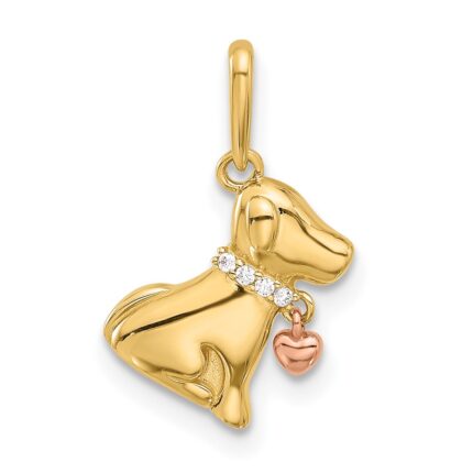 14k Two-tone Polished CZ Dog with Heart Dangle Pendant