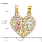 10k Two-tone w/ White Rhodium CZ Religious Break-apart Heart Pendant - Image 4