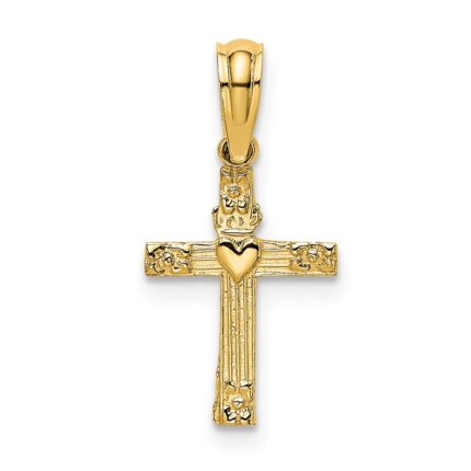 10K Textured Mini Cross w/ Heart Charm