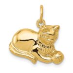 14k Solid Polished Open-Backed Cat with Ball Charm