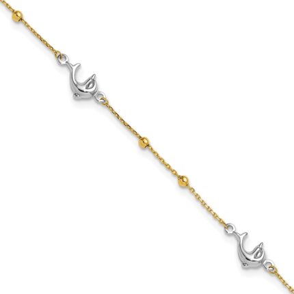 14K Two-tone Beads and Three Dolphins Plus Extender - Total Anklet