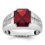 14k White Gold IBGoodman Men's Created Garnet and 1/10 carat Diamond Complete Ring