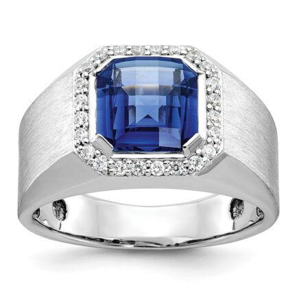 14k White Gold IBGoodman Men's Created Sapphire and 1/3 carat Diamond Complete Ring