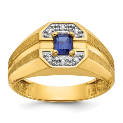 14k IBGoodman Men's Created Sapphire and 1/20 carat Diamond Satin Complete Ring