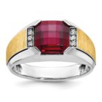 IBGoodman 14k Two-tone Men's Polished and Satin Lab Created Garnet and AA Quality Diamond Ring