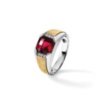 IBGoodman 14k Two-tone Men's Polished and Satin Lab Created Garnet and AA Quality Diamond Ring - Image 7