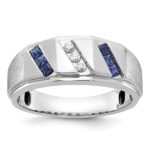 14k White Gold IBGoodman Men's Satin Lab Created Sapphire and 1/10 carat Diamond Complete Ring