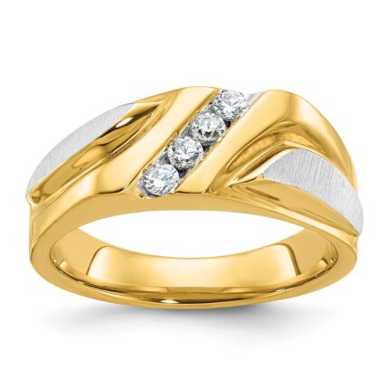 IBGoodman 14k Two-tone Men's Polished Satin and Grooved 4-Stone 1/4 Carat AA Quality Diamond Ring