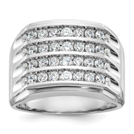 IBGoodman 14k White Gold Men's Polished and Grooved 4-Row 1 1/5 Carat AA Quality Diamond Ring