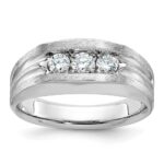 IBGoodman 14k White Gold Men's Polished Satin and Grooved 3-Stone 1/2 Carat AA Quality Diamond Ring