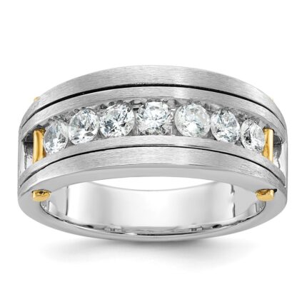 IBGoodman 14k Two-tone Men's Polished Satin and Grooved 7-Stone 1 Carat AA Quality Diamond Ring