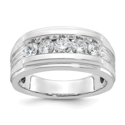 IBGoodman 14k White Gold Men's Polished Brushed and Grooved 5-Stone 1 Carat AA Quality Diamond Ring