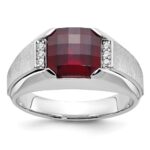14k White Gold IBGoodman Men's Created Garnet and 1/20 carat Diamond Complete Ring