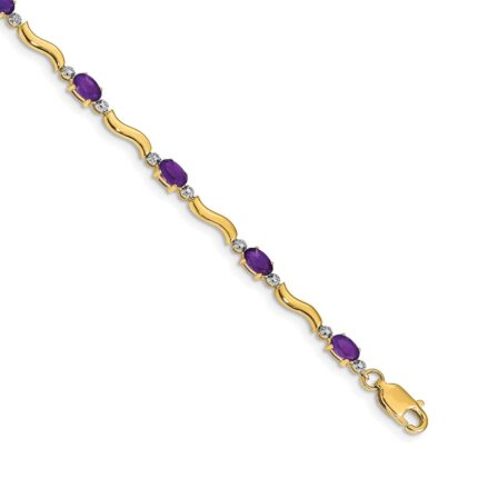 14k Complete Diamond and Oval Amethyst Wavy Link 7 inch Bracelet