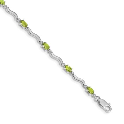 14k White Gold Complete Diamond and Oval Peridot Wavy Link 7 inch Bracelet