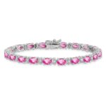 14k White Gold Complete Lab Created Oval Pink Sapphire and Diamond 7 inch Bracelet - Image 3