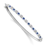14k White Gold Complete Sapphire and 1/10 carat Diamond Hinged Bangle Bracelet