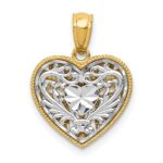 14K Two-tone Polished Diamond-cut Reversible Filigree Heart Pendant