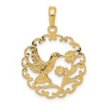 14k Hummingbird with Flower Round Scalloped Frame Pendant