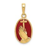 14K Red Enamel Praying Hands and Cross Oval Pendant