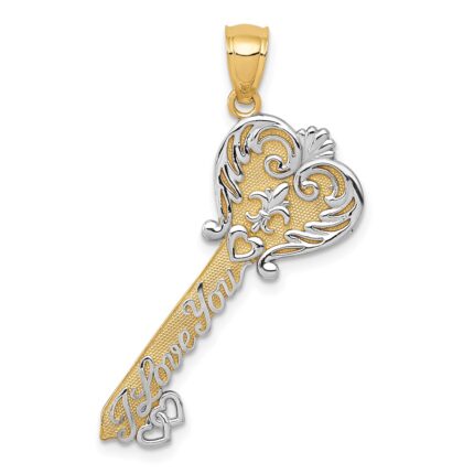 14K and White Rhodium Polished I LOVE YOU Script Fleur de Lis Heart Key Charm
