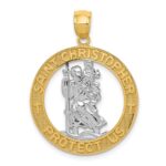 14K and White Rhodium Solid Cut-out St Christopher Medal Round Pendant