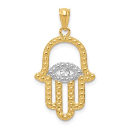 14K and White Rhodium Textured Hamsa and Evil Eye Pendant