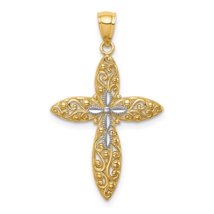 14K White Rhodium Diamond-cut Passion Cross Pendant