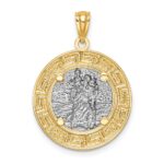 14K and White Rhodium Solid St. Christopher Medal Greek Key Edge Round Pendant - Image 3
