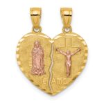 14K Two-tone Reversible Spanish Solid Our Lady of Guadalupe and Crucifix TE AMO Break-apart Heart Pendant