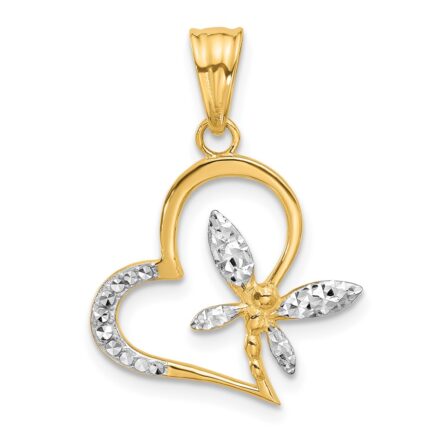 14K and White Rhodium Diamond-cut Dragonfly on Heart Pendant