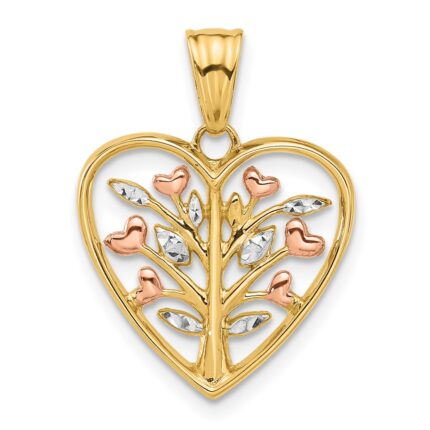 14K Rose-plated and White Rhodium Diamond-cut Tree in Heart Pendant