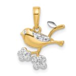 14K and White Rhodium Diamond-cut Bird on Branch Pendant