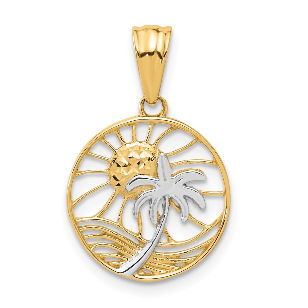 C4918.jpg 14K with White Rhodium Ocean and Palm Tree Round Pendant - Image 1