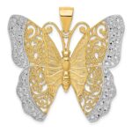 14k and White Rhodium Solid Polished Diamond-cut Filigree Butterfly Pendant