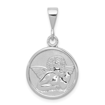 14K White Gold Polished and Satin Angel Round Pendant
