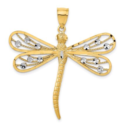 14K and White Rhodium Diamond-cut Filigree Dragonfly Pendant