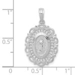 14k White Gold Polished and Satin Solid Miraculous Medal Scalloped Edge Oval Pendant - Image 3