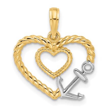 14K with White Rhodium Fancy Rope Heart and Anchor Charm