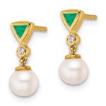 14K White Round Freshwater Cultured Pearl/.02 carat Diamond/Trillion Emerald Dangle Post Earrings - Image 2