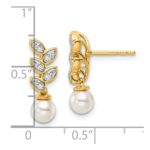 14K Polished 1/10 carat Diamond and White Freshwater Cultured Pearl Leaf Design Dangle Post Earrings - Image 3