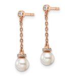 14K Rose Gold Polished 1/10 carat Diamond and White Freshwater Cultured Pearl Chain Dangle Post Earrings - Image 2