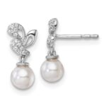 14K White Gold Polished 1/10 carat Diamond and White Freshwater Cultured Pearl Dangle Post Earrings