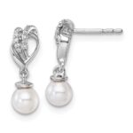 14K White Gold Polished 1/15 carat Diamond and White Freshwater Cultured Pearl Dangle Post Earrings