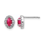 14k White Gold 5x3mm Oval Ruby Cabochon and Diamond Halo Post Earrings