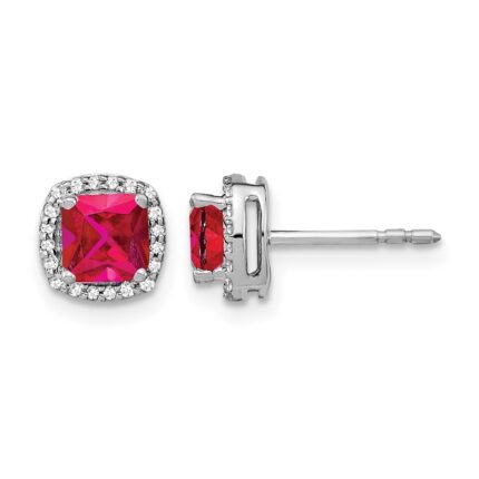 14k White Gold 5mm Cushion Ruby and Diamond Halo Post Earrings