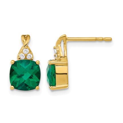 14k 7mm Cushion Checkerboard May/Lab Created Emerald and Diamond Post Earrings