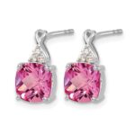 14k White Gold 7mm Cushion Checkerboard October/Lab Created Pink Sapphire and Diamond Post Earrings - Image 2