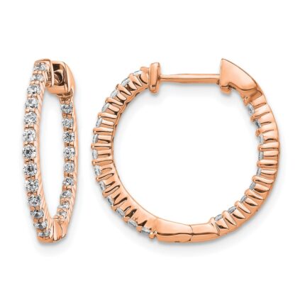 14k Rose Gold Polished Diamond In/Out Hinged Hoop Earrings