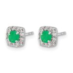 14k White Gold 3.7mm Round Emerald and Diamond Square Halo Post Earrings - Image 2